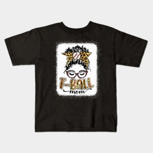 T-ball Mom Messy Bun Leopard Shirt Baseball Mom Leopard Kids T-Shirt